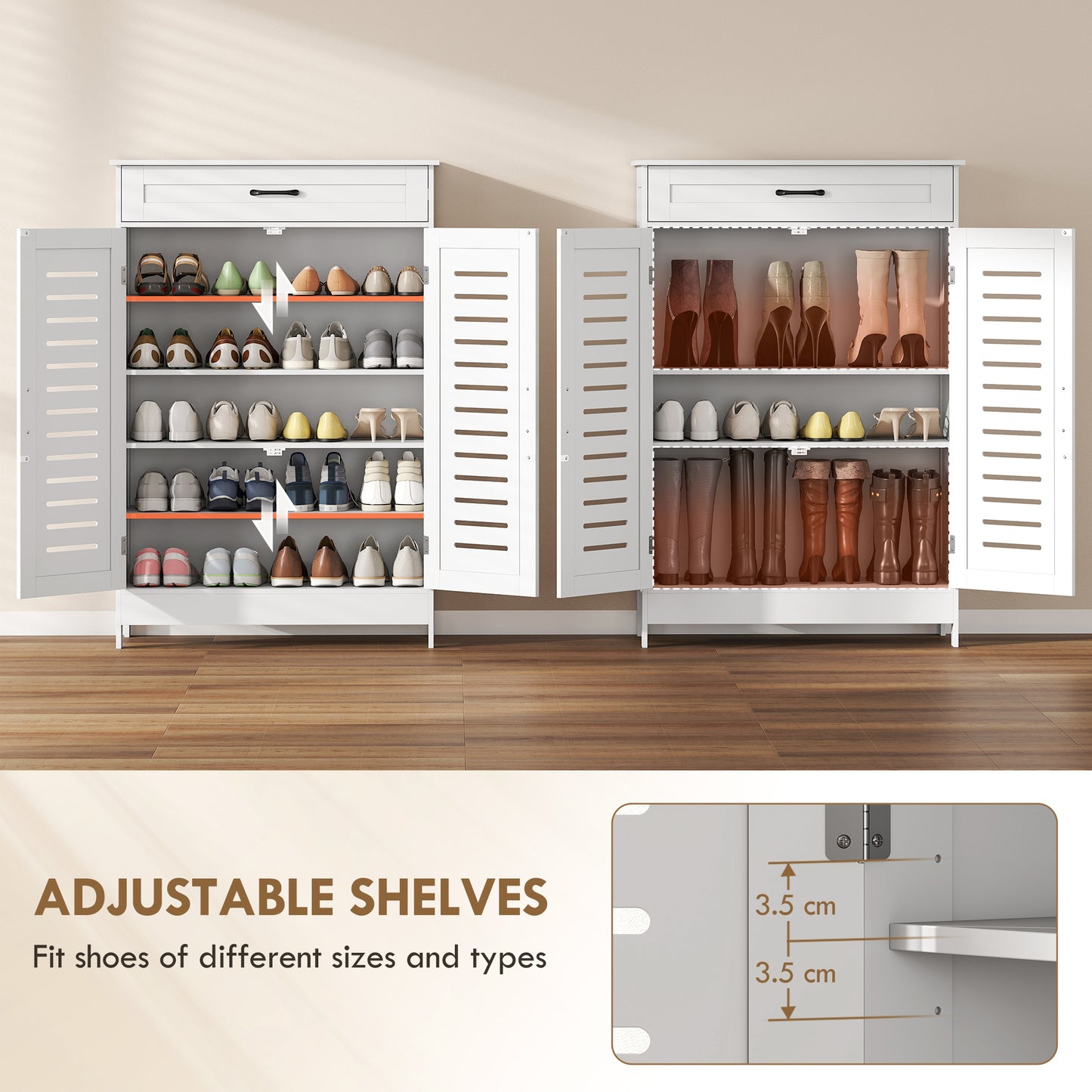 HOMCOM White Shoe Cabinet With Louvered Doors And Adjustable Shelves Modern Storage With Drawer