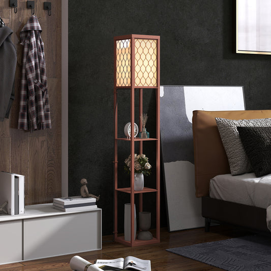 HOMCOM Three Shelf Standing Lamp Brown And White With Overhead Reading Light And Storage Shelves