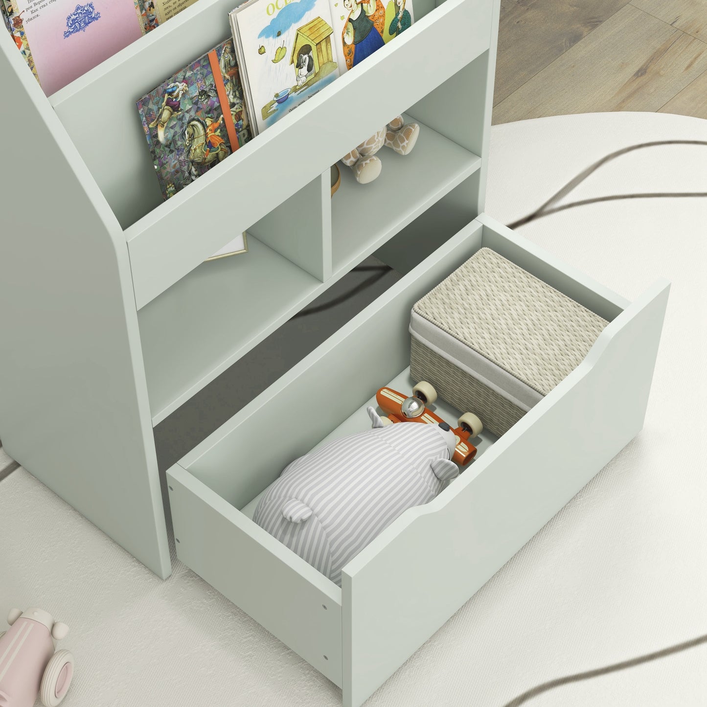 HOMCOM Kids Bookshelf Toy Organizer With Storage Drawer And Wheels Green For Bedroom Playroom