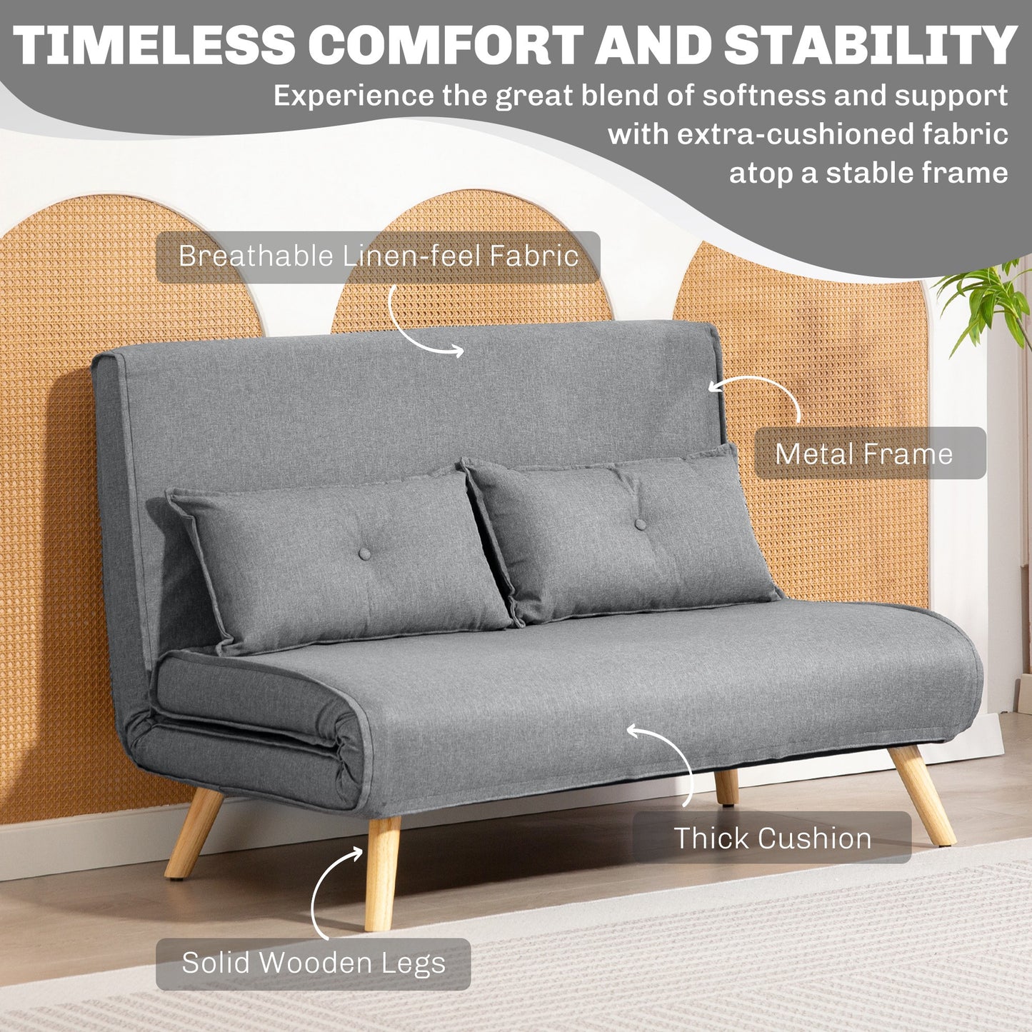 HOMCOM Two Seater Linen Look Sofa Bed in Grey With Click Clack Mechanism For Daybed Or Guest Sleeper
