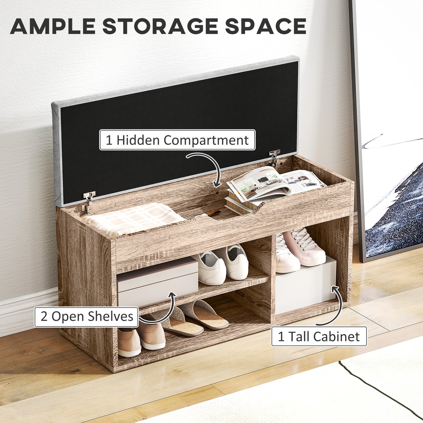 HOMCOM Shoes Cabinet Bench With Hidden Storage And Padded Seat In Grey Wood Grain Hallway Organizer