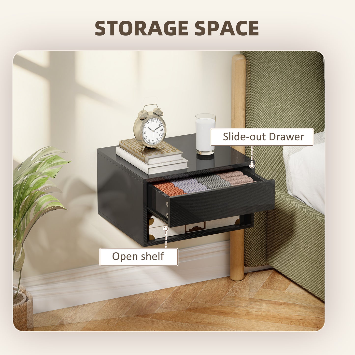 HOMCOM Floating Bedside Tables Set Of 2 Wall Mounted Nightstands With Drawer And Open Shelf High Gloss Black
