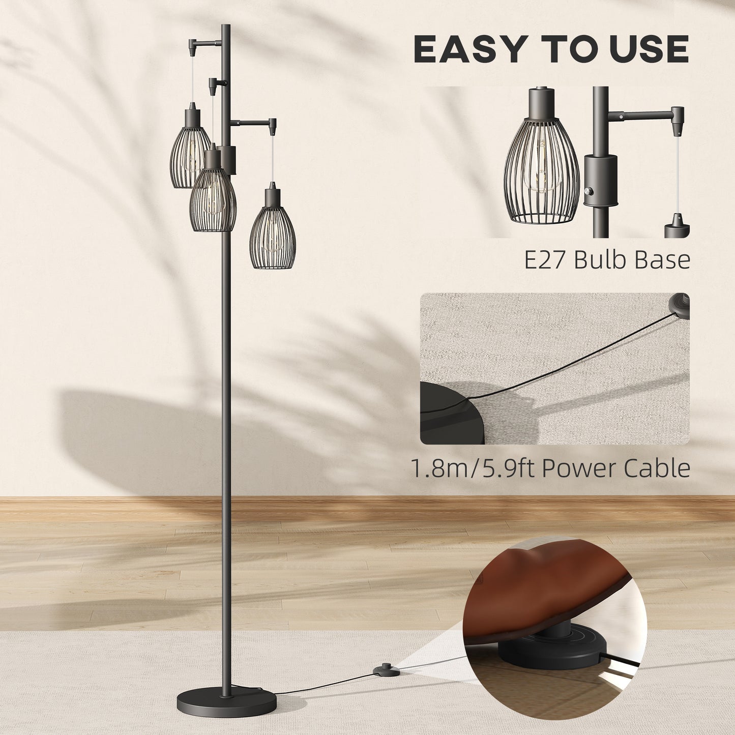 HOMCOM 3-Light LED Floor Lamp 170cm Tall 2700K Dimmable Industrial Standing Lamp with Steel Wire Cage Lampshades Black