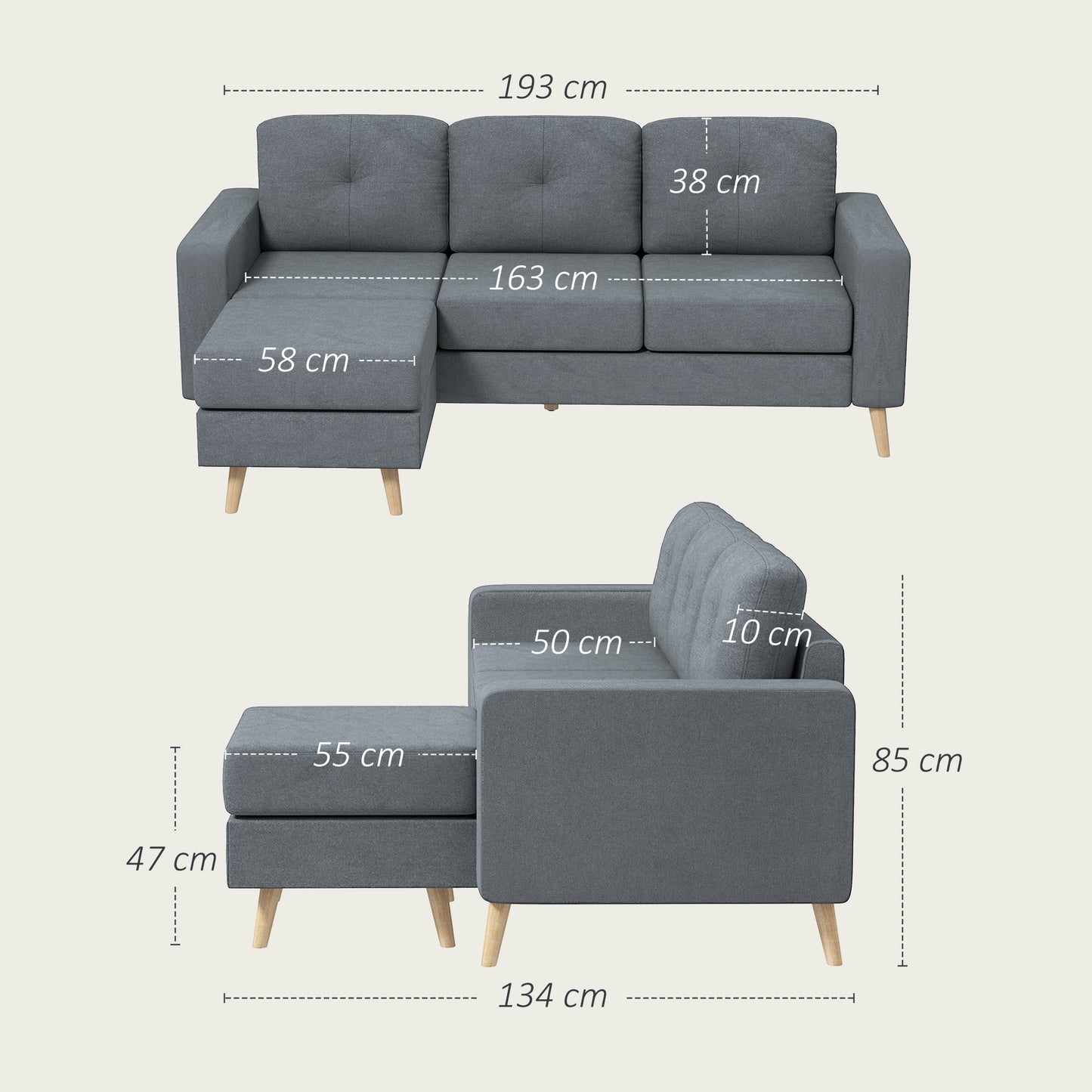 HOMCOM Three Seater Fabric L Shaped Sofa With Footstool And Wood Legs For Small Space Living Room Office Dark Grey