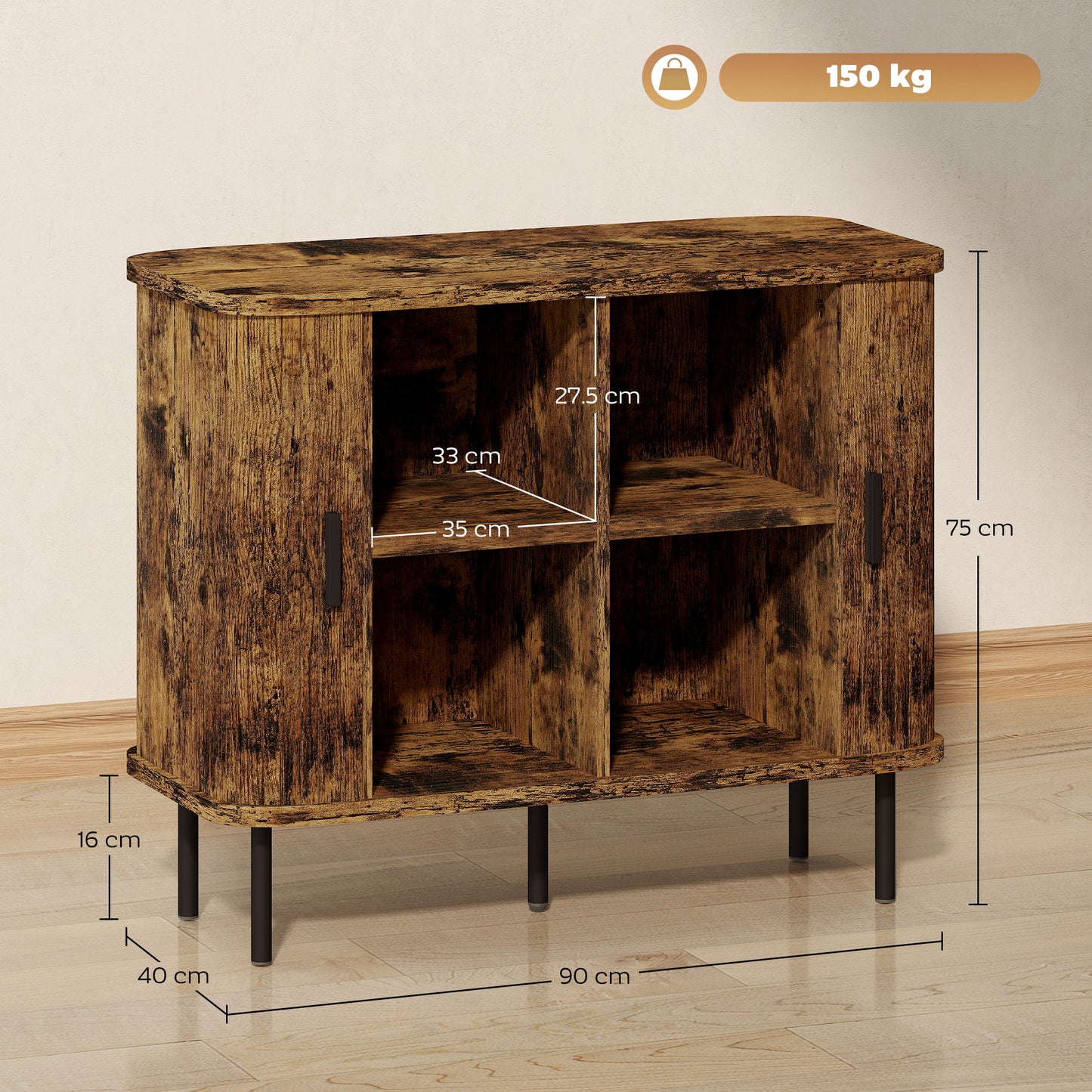HOMCOM Mid Century Modern Kitchen Sideboard Storage Cabinet With Slatted Tambour Doors And Steel Legs Rustic Brown