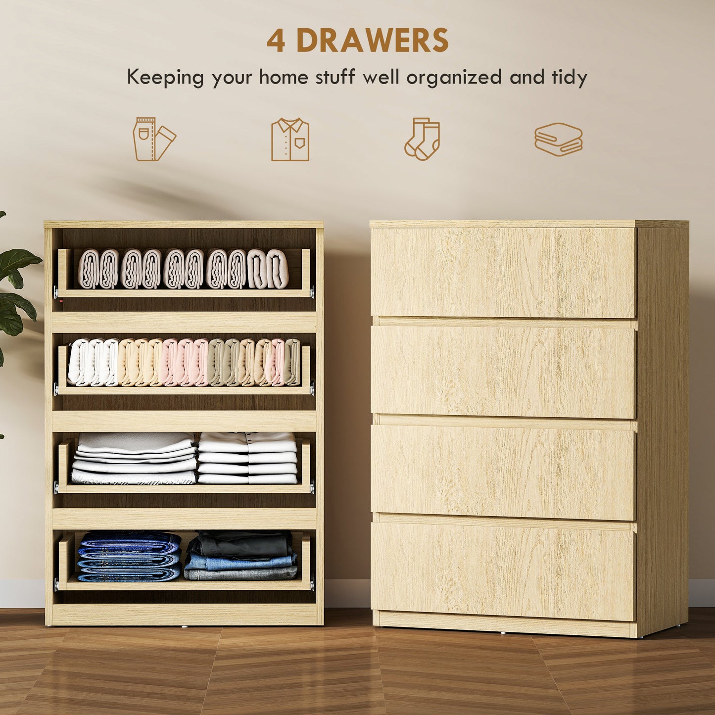 HOMCOM 4 Drawer Chest Of Drawers Modern Dresser For Bedroom Storage Cabinet With Smooth Finish
