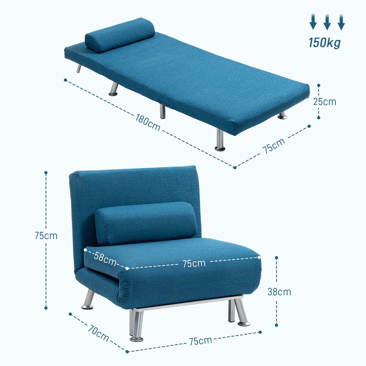 Homcom Linen Look Sleeper Chair Blue 3 In 1 Convertible Chair With 5 Level Adjustable Backrest For Space Saving
