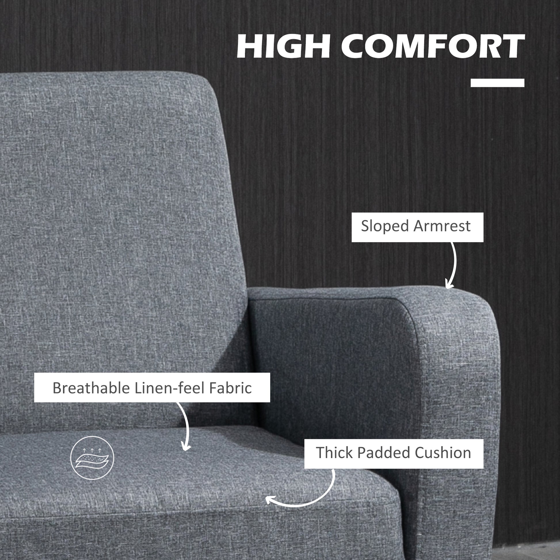 HOMCOM Set of 2 Contemporary Upholstered Armchairs with Rubber Wood Legs for Living Room - Grey - ALL4U RETAILER LTD