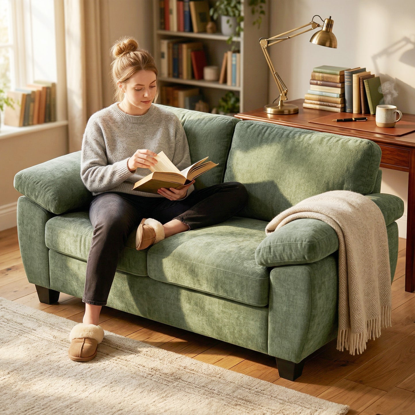 HOMCOM 2 Seater Sofa 156cm Chenille Loveseat Dark Green With Thick Cushioned Seat And Soft Upholstery