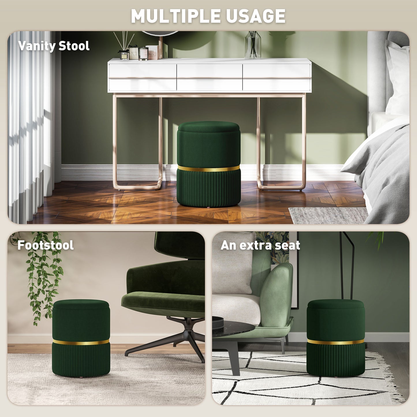 HOMCOM Velvet Feel Storage Ottoman Green With Hidden Under Seat Storage And Solid MDF Frame