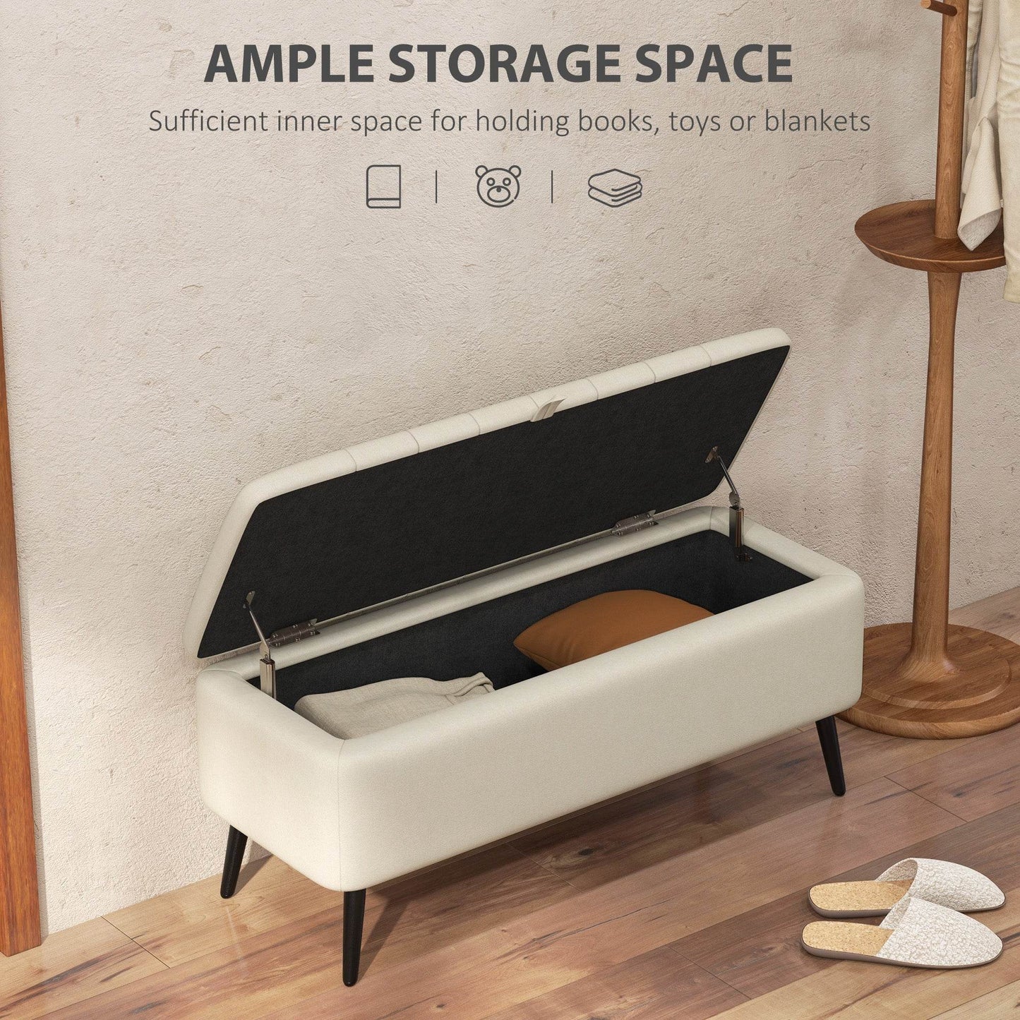 Versatile Cream White Linen Fabric Storage Bench Ottoman with Padded Lid - ALL4U RETAILER LTD