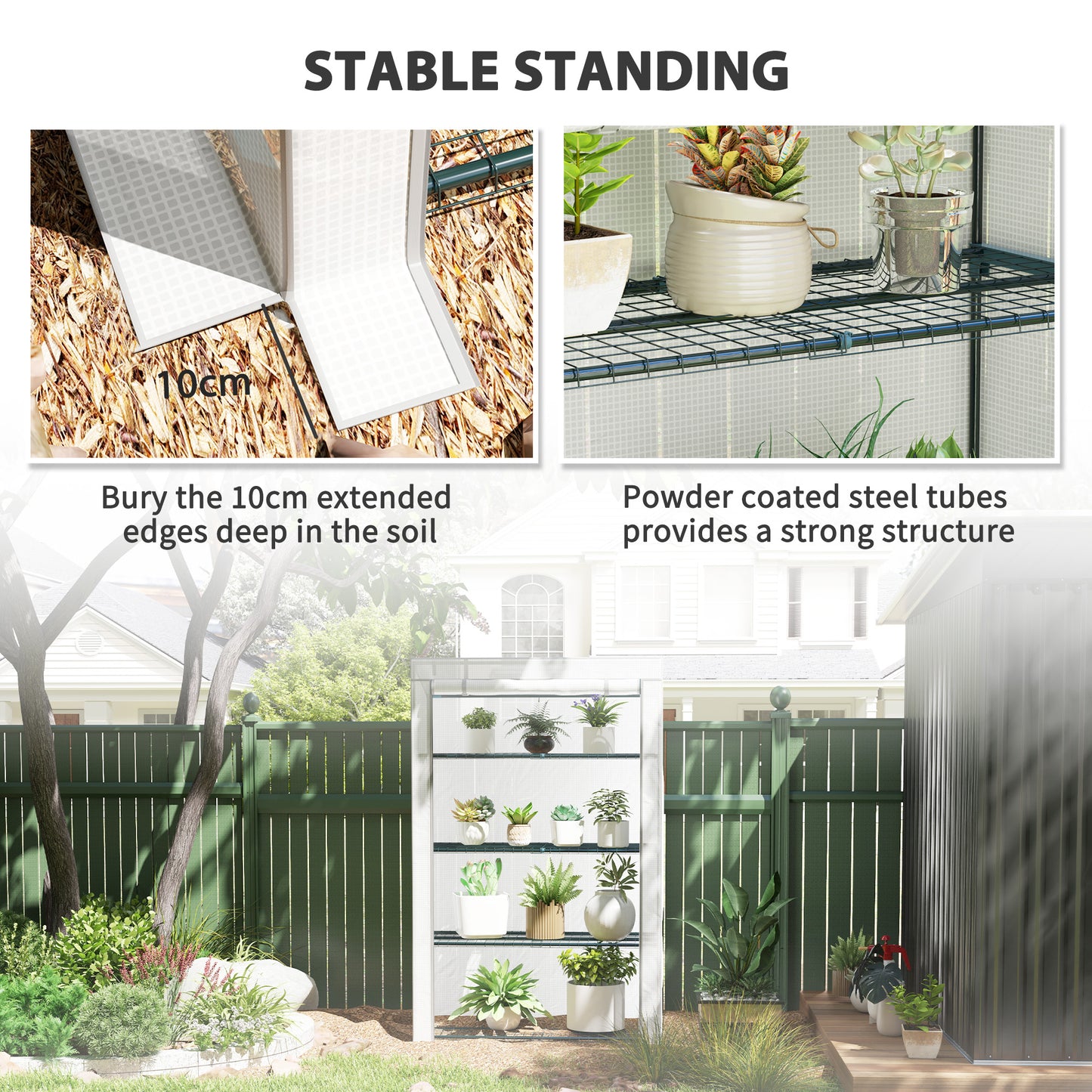 Outsunny Four Tier Mini Greenhouse Grey White with 140 g per m2 Plastic Cover and Roll Up Zipped Door
