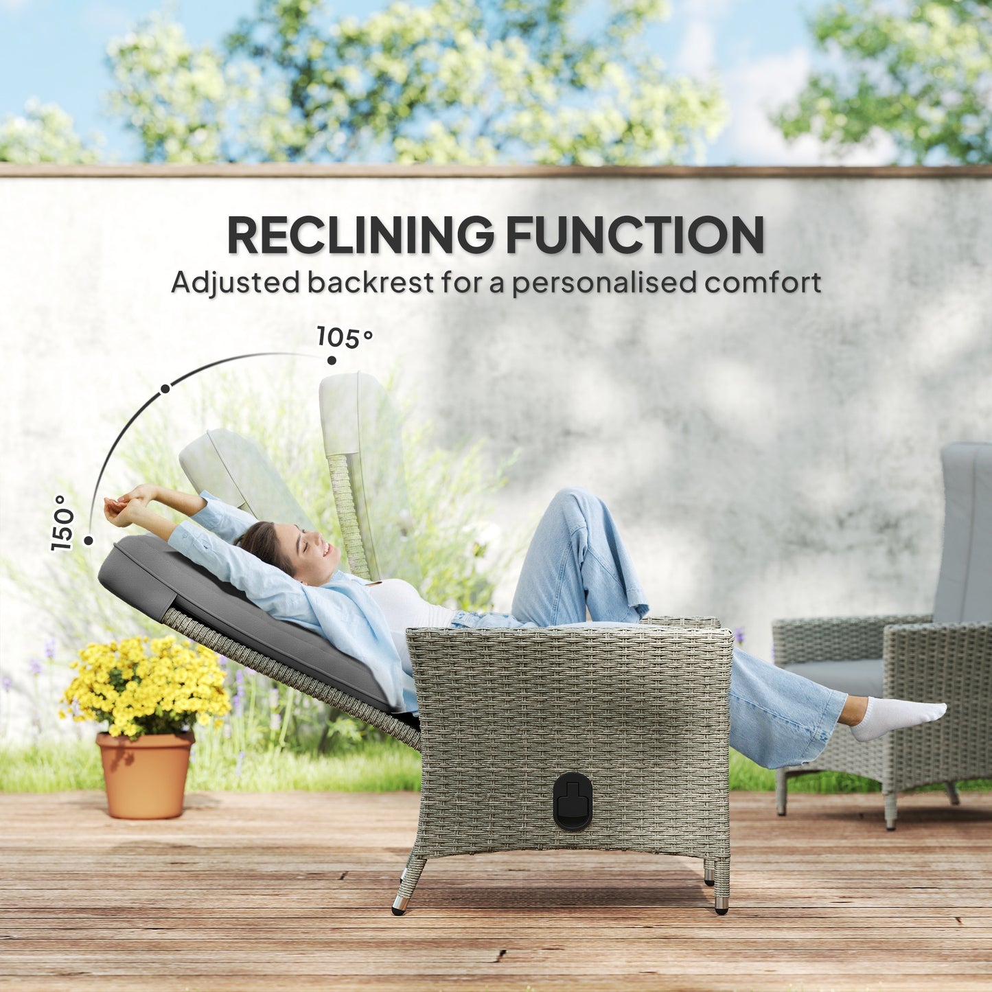Outsunny Reclining Rattan Chair 105 To 150 Degrees Backrest Grey Cushioned Outdoor Lounger