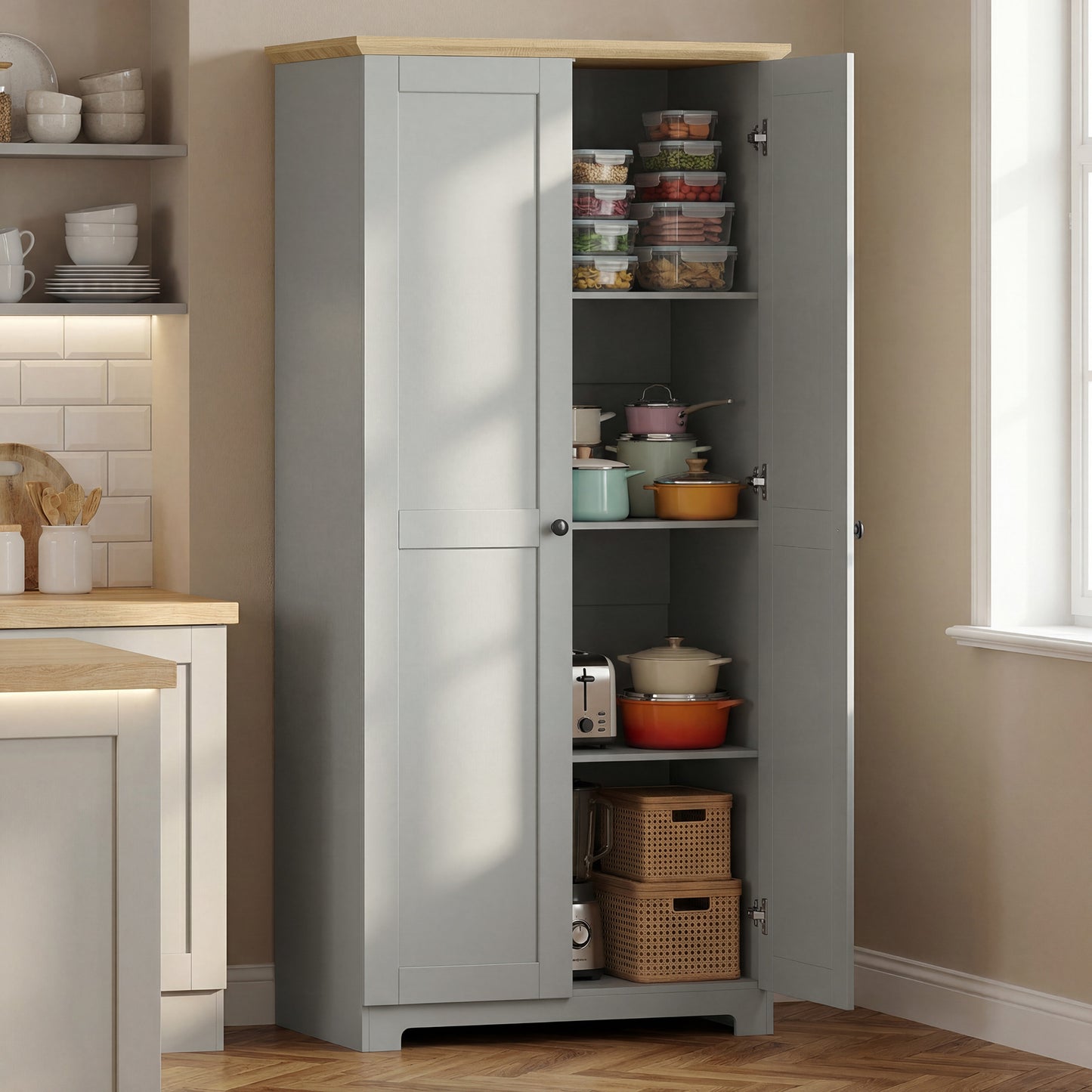 HOMCOM Kitchen Cupboard 172cm Freestanding Storage Cabinet With Doors And 4 Shelves Grey