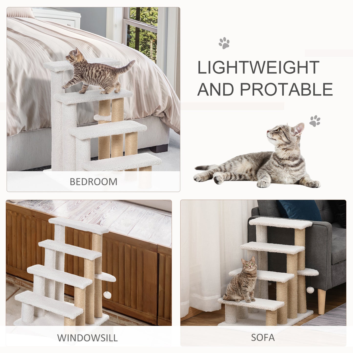 PawHut Multi-Level Cat Climbing Stairs with Scratching Posts and Play Features for Indoor Kittens and Elderly Cats, White - ALL4U RETAILER LTD