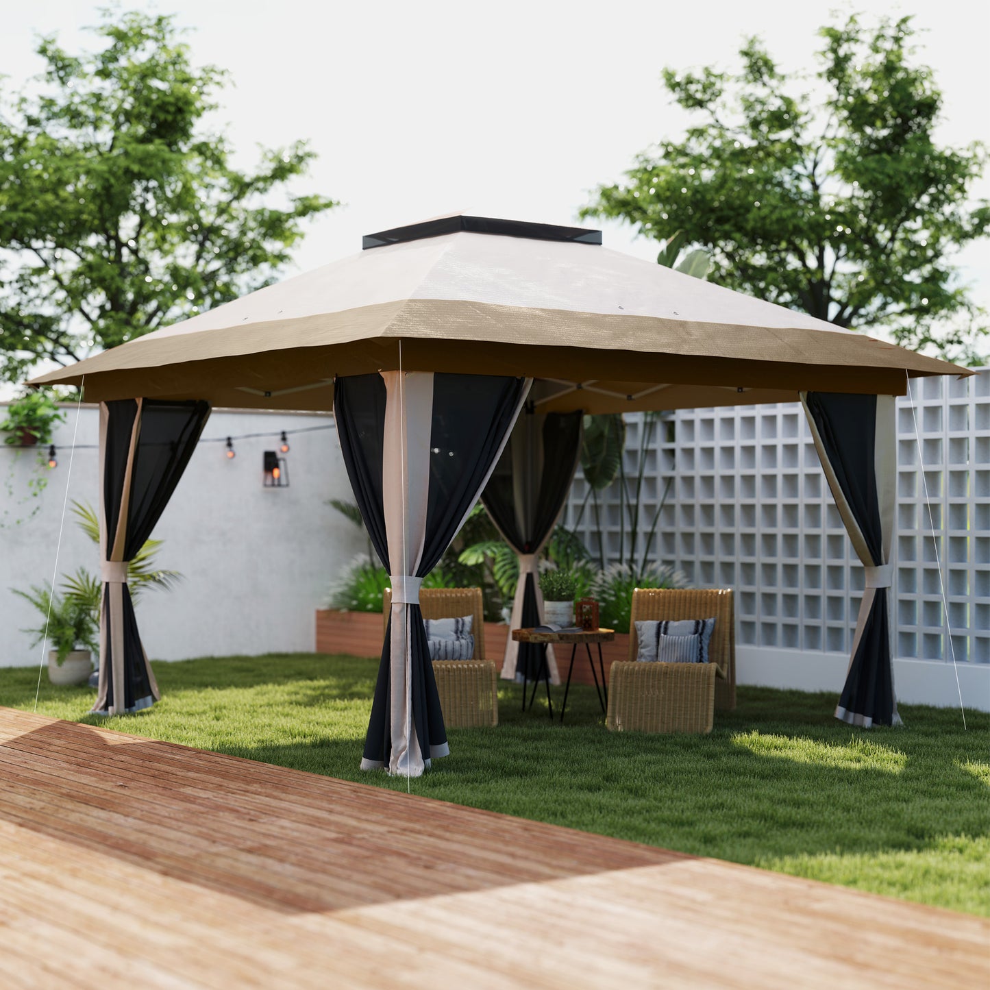 Outsunny 3.6 x 3.6m Pop Up Gazebo With Accessories Beige UPF50 Plus Canopy And Removable Mesh Lining