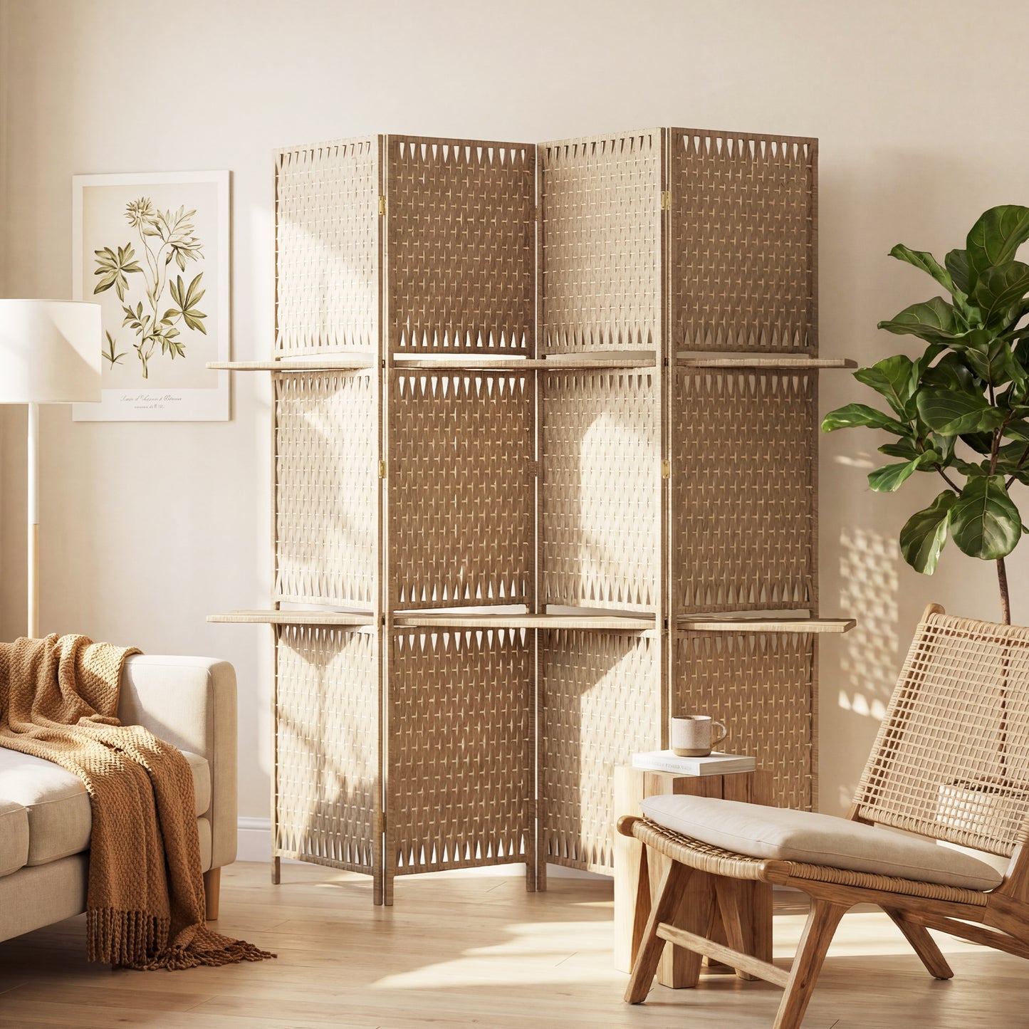 HOMCOM Wave Fibre Freestanding Folding Privacy Screen Panels Room Divider With Shelves Natural Wood Finish
