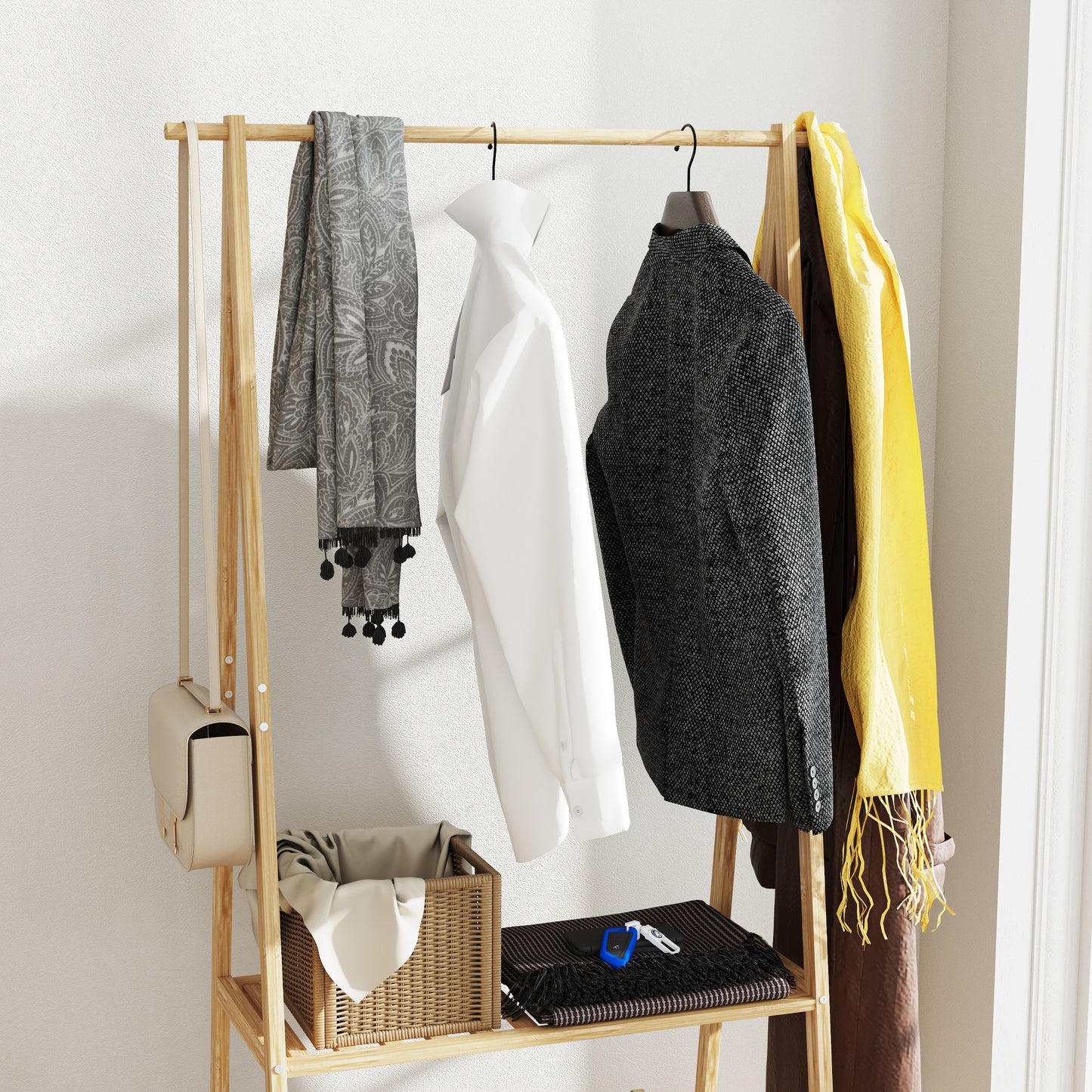 HOMCOM Bamboo Clothes Rack With Shelves And Hooks A Frame Space Saving Organizer Wardrobe And Living Area Natural Finish