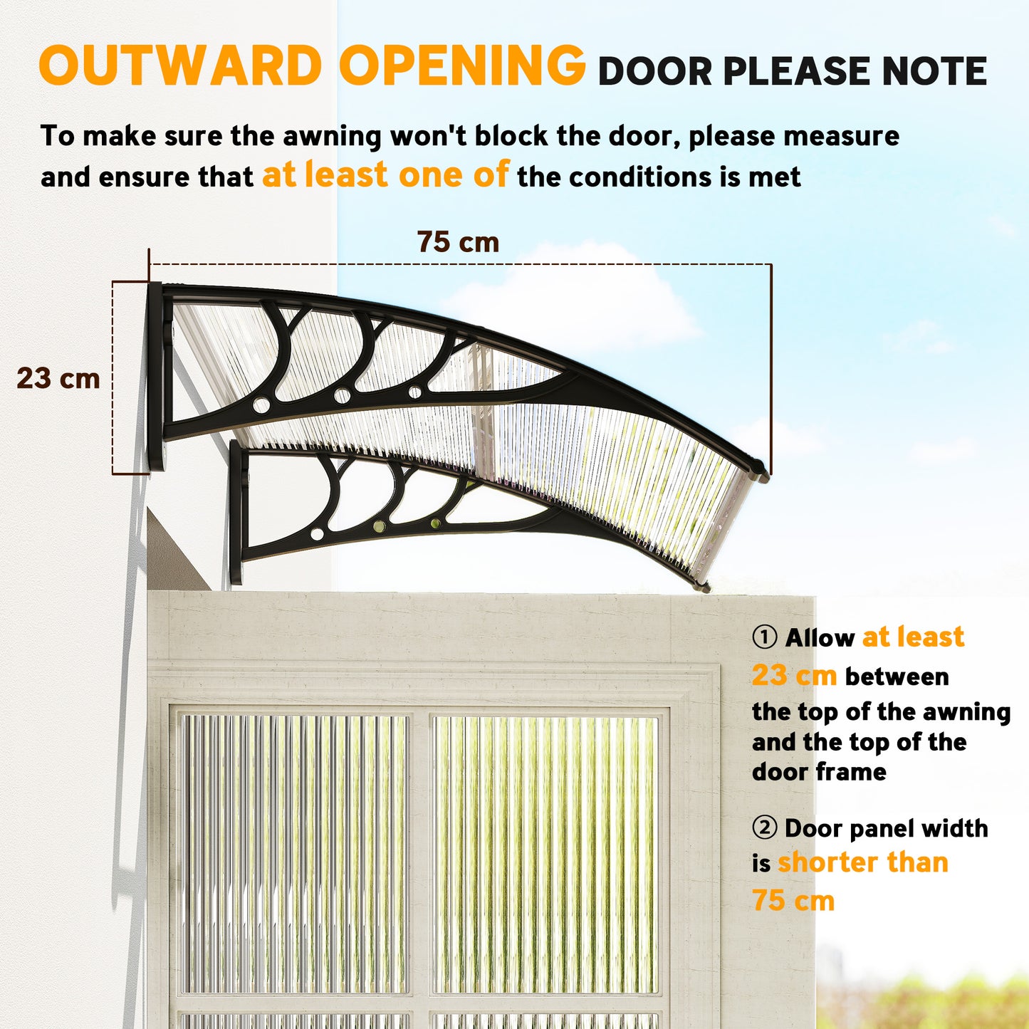 Outsunny Front Door Canopy Outdoor Awning Aluminium Rigid Plastic Polycarbonate Rain Shelter UV Water Rain Resistant 120 x 75cm White