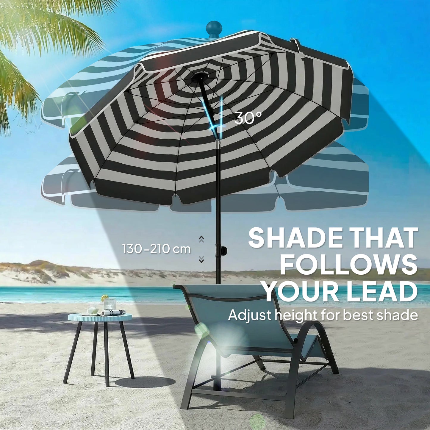 Outsunny 1.8m Beach Umbrella Parasol With Sand Anchor Tilting 30 Degree Canopy Adjustable Height Grey White