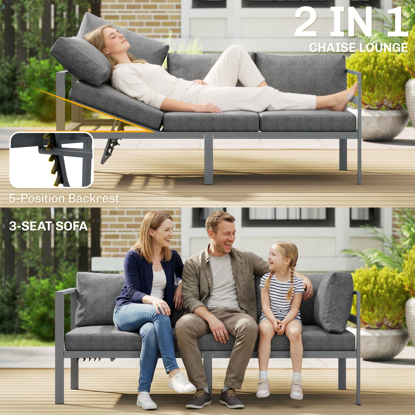Outsunny 3 Piece Aluminium Garden Furniture Set With Adjustable Backrest Corner Lounge And Coffee Table