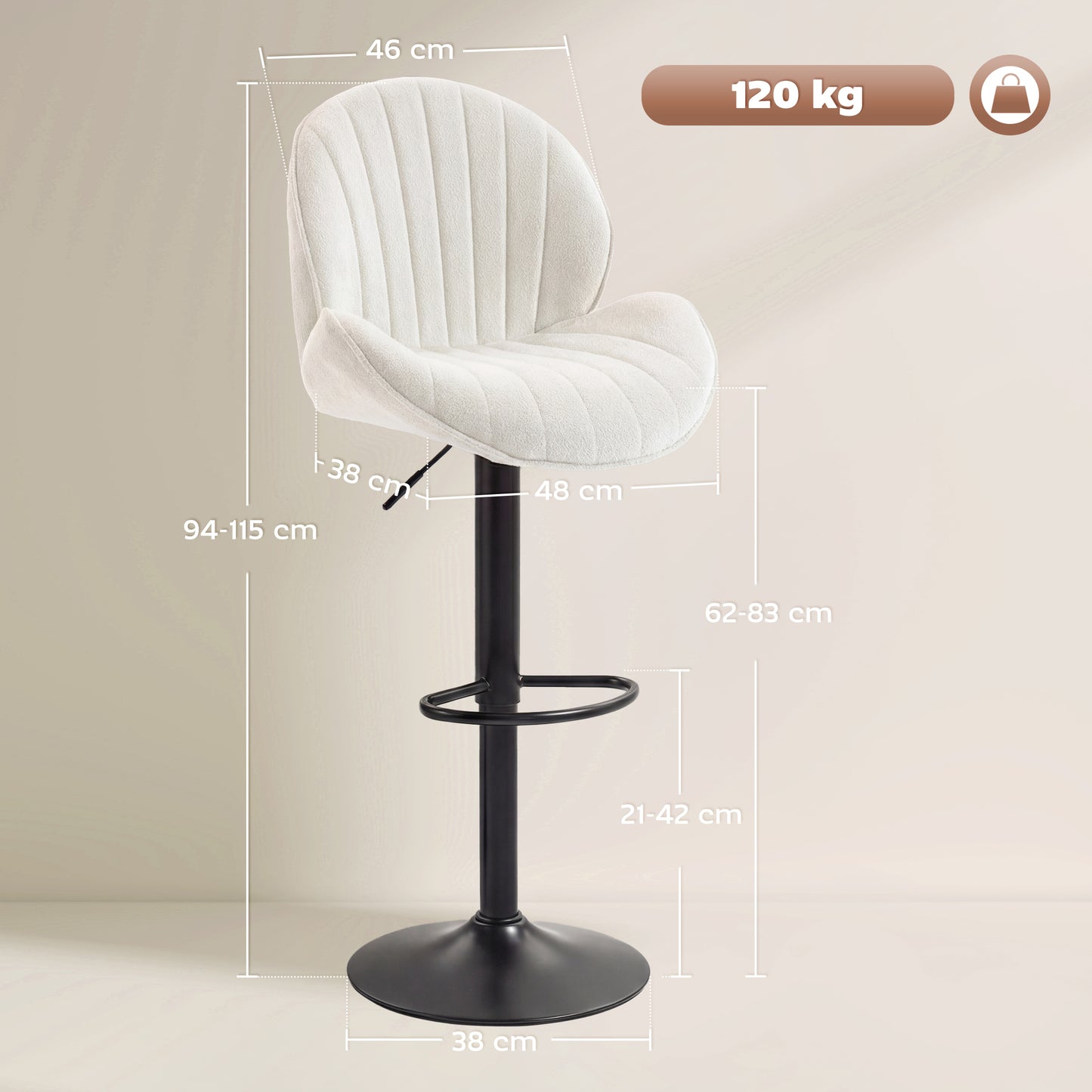 HOMCOM Bar Stools Set Of 2 Swivel Bar Stools With Back Adjustable Height Gas Lift 360 Degree Cream For Kitchen Island