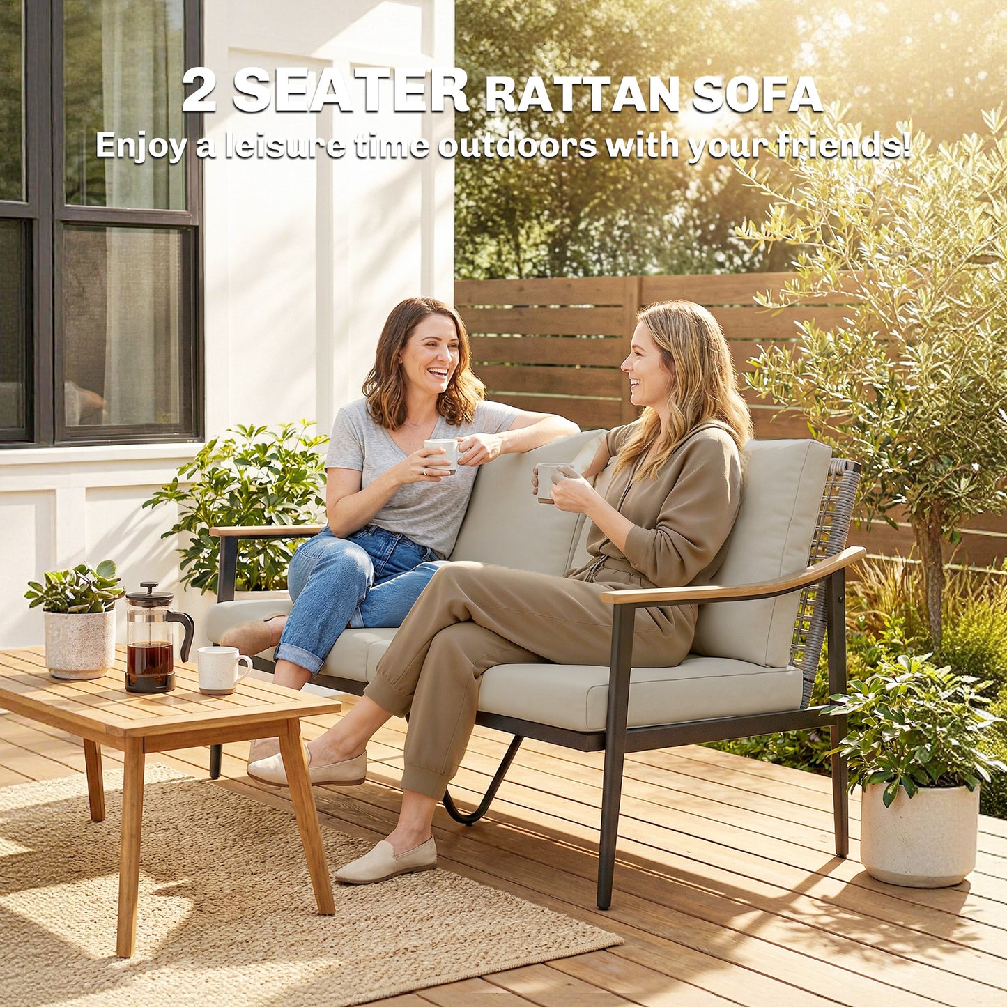 Outsunny 2 Seater Rattan Sofa Outdoor Garden Sofa With Wood Effect Armrests Cushions For Patio Balcony Khaki