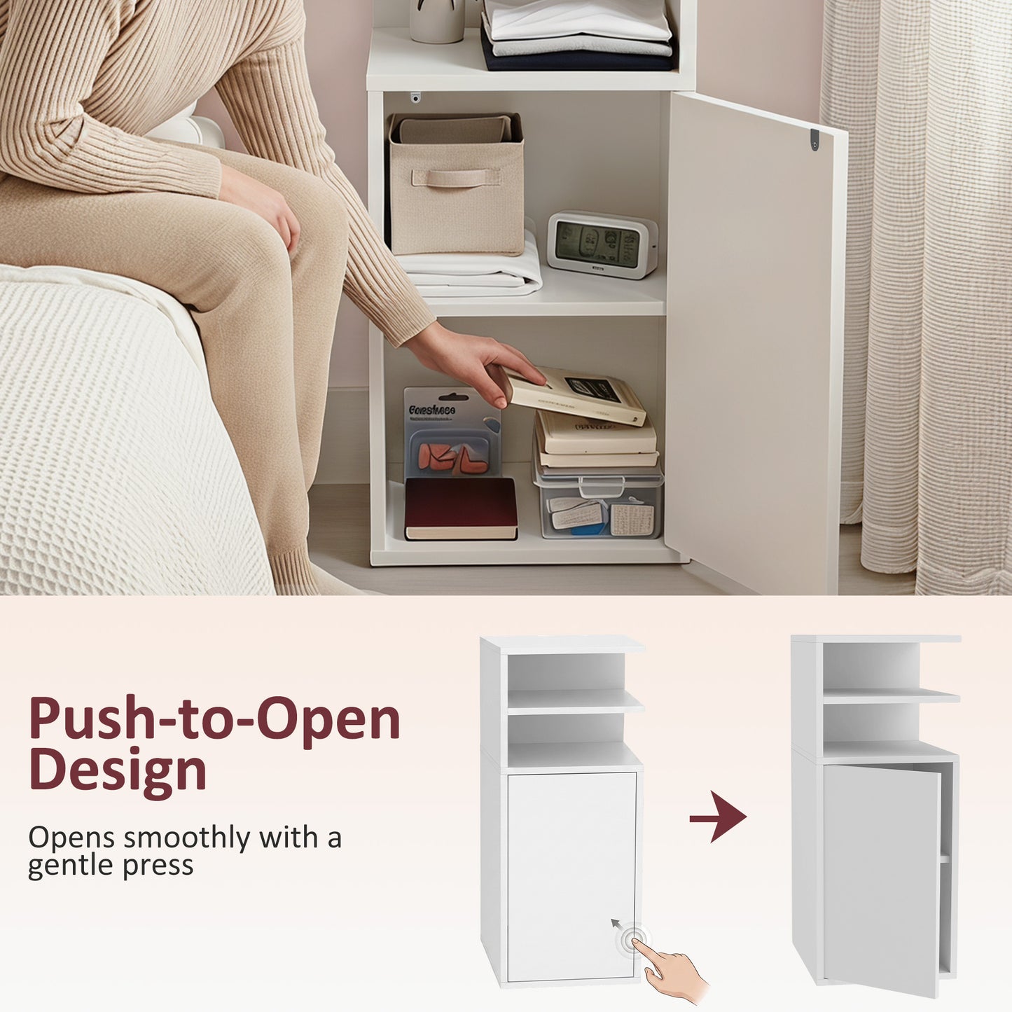 HOMCOM Slim Bedside Table Set Of 2 Narrow Nightstands With Open Cubbies And Cupboard In White For Bedroom
