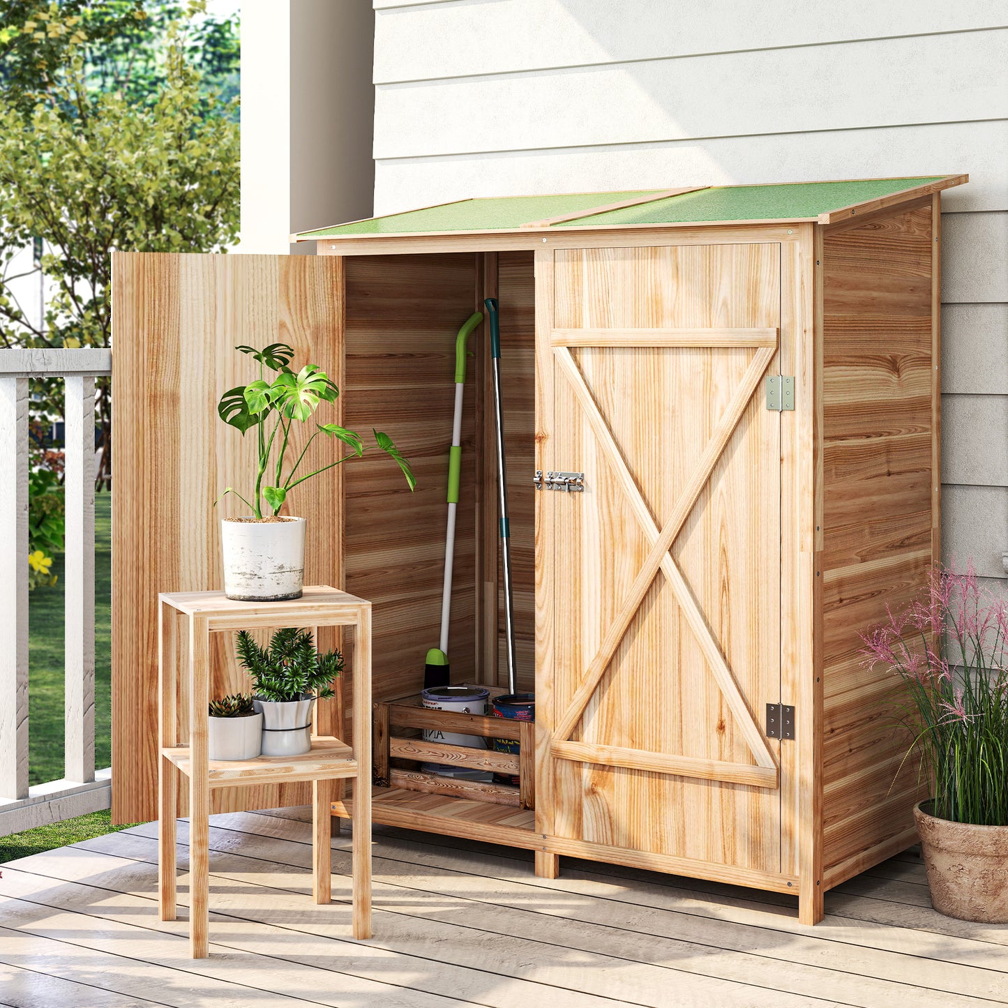 Outsunny 140 X 75 Fir Wood Garden Shed With Asphalt Roof Natural Finish Tall Vertical Storage