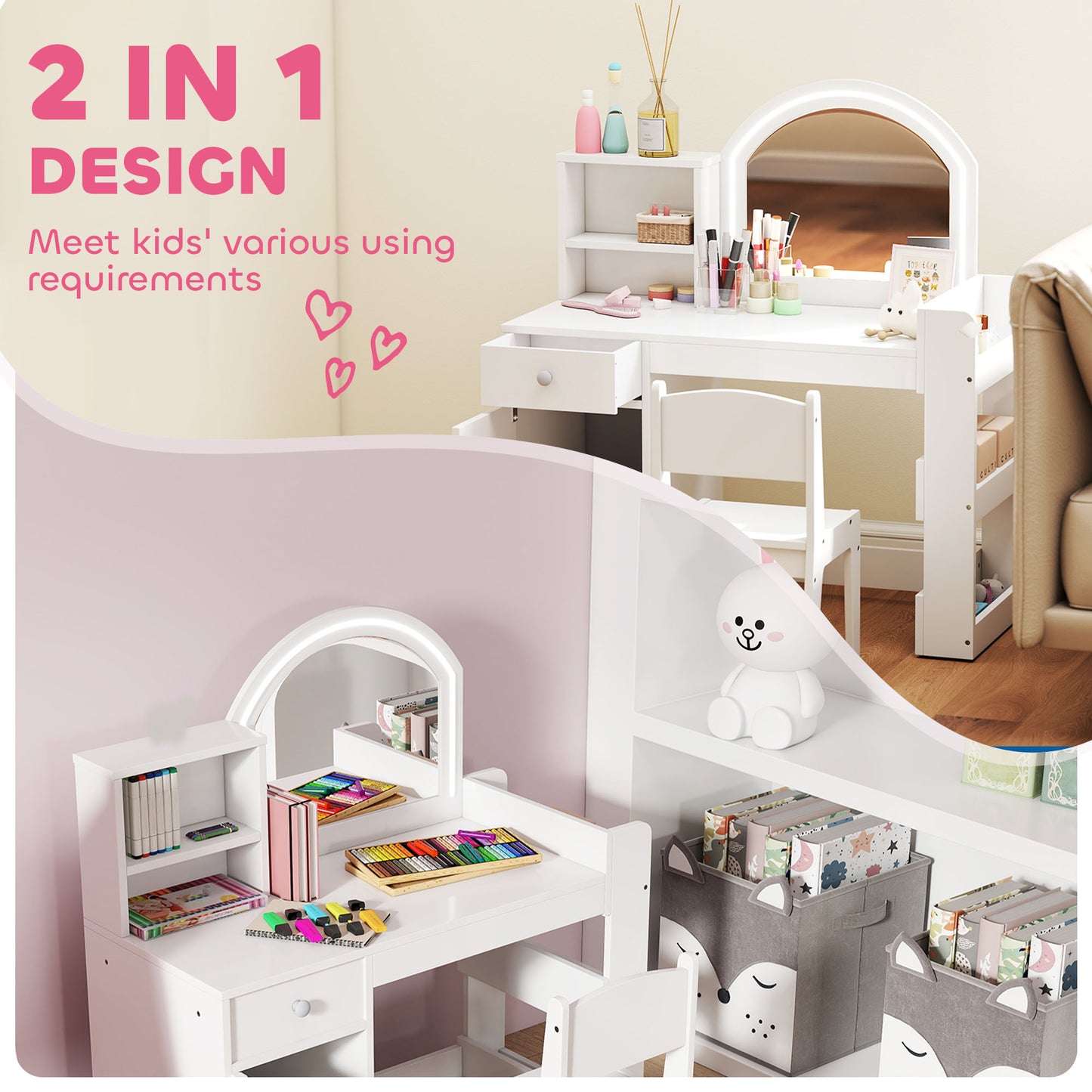 AIYAPLAY Girls Dressing Table And Chair Set With 2 Colour LED Mirror Stool Cabinet Drawers And Shelves White