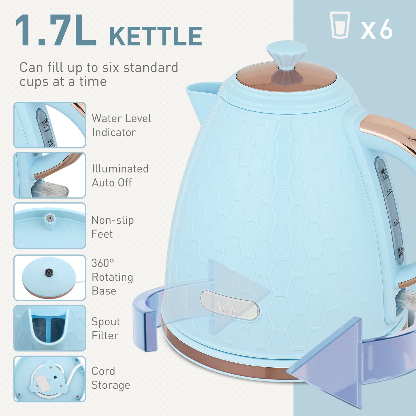 HOMCOM 1.7L 3000W Fast Boil Kettle And 2 Slice Toaster Set With Auto Shut Off And Browning Controls Light Blue