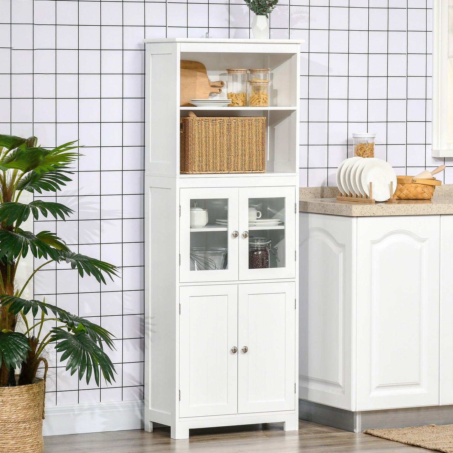 HOMCOM White Kitchen Cupboard with Adjustable Shelf and Glass Doors - ALL4U RETAILER LTD