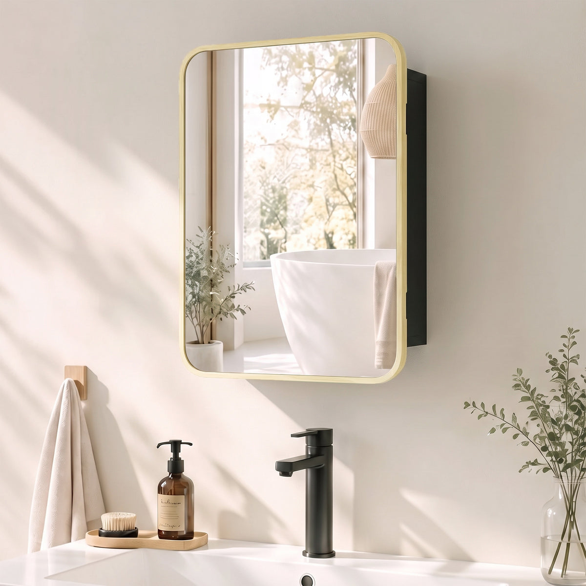 Wall-mounted medicine cabinet with mirror and natural wood frame, hinged open door