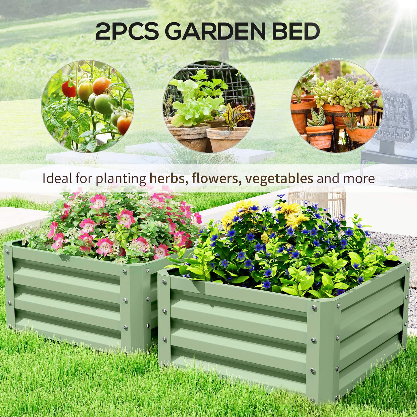 Outsunny Set of Two 60 by 60 cm Galvanised Steel Planter Boxes Open Bottom Outdoor Garden Light Green