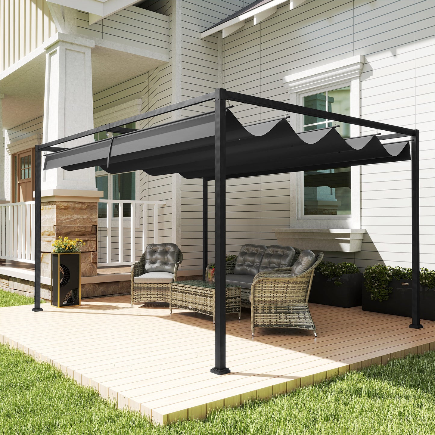 Outsunny 4m by 3m Metal Pergola Retractable Canopy Roof Black Garden Patio Shade
