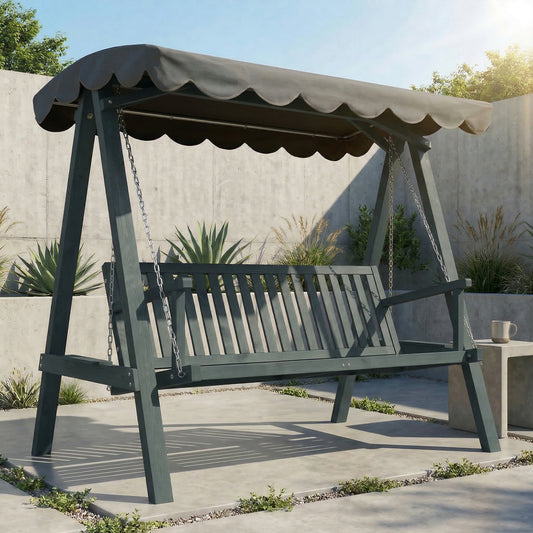 Outsunny 3 Seater Garden Swing Chair with Canopy Outdoor Wooden Swing Seat for Balcony Patio Porch Grey
