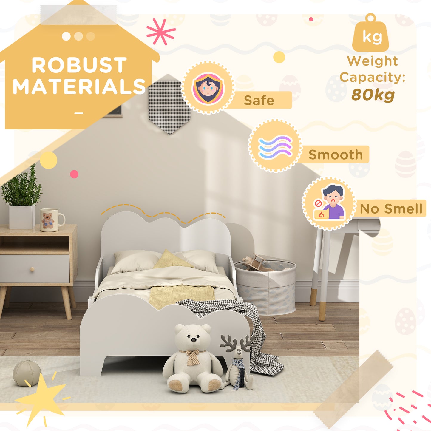 AIYAPLAY Cloud Themed Toddler Bed Frame With Safety Rails And Low Height For Easy Transition For Kids
