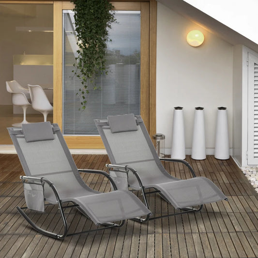 Outsunny 2PCs Outdoor Garden Rocking Chair, Patio Sun Lounger with Breathable Mesh Fabric, Removable Headrest Pillow, Armrest, Side Storage Bag - Grey