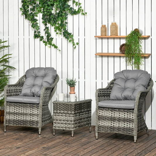 Outsunny Modern 3 PCS Rattan Bistro Set - Patio Furniture with Cushions & Glass Table - ALL4U RETAILER LTD