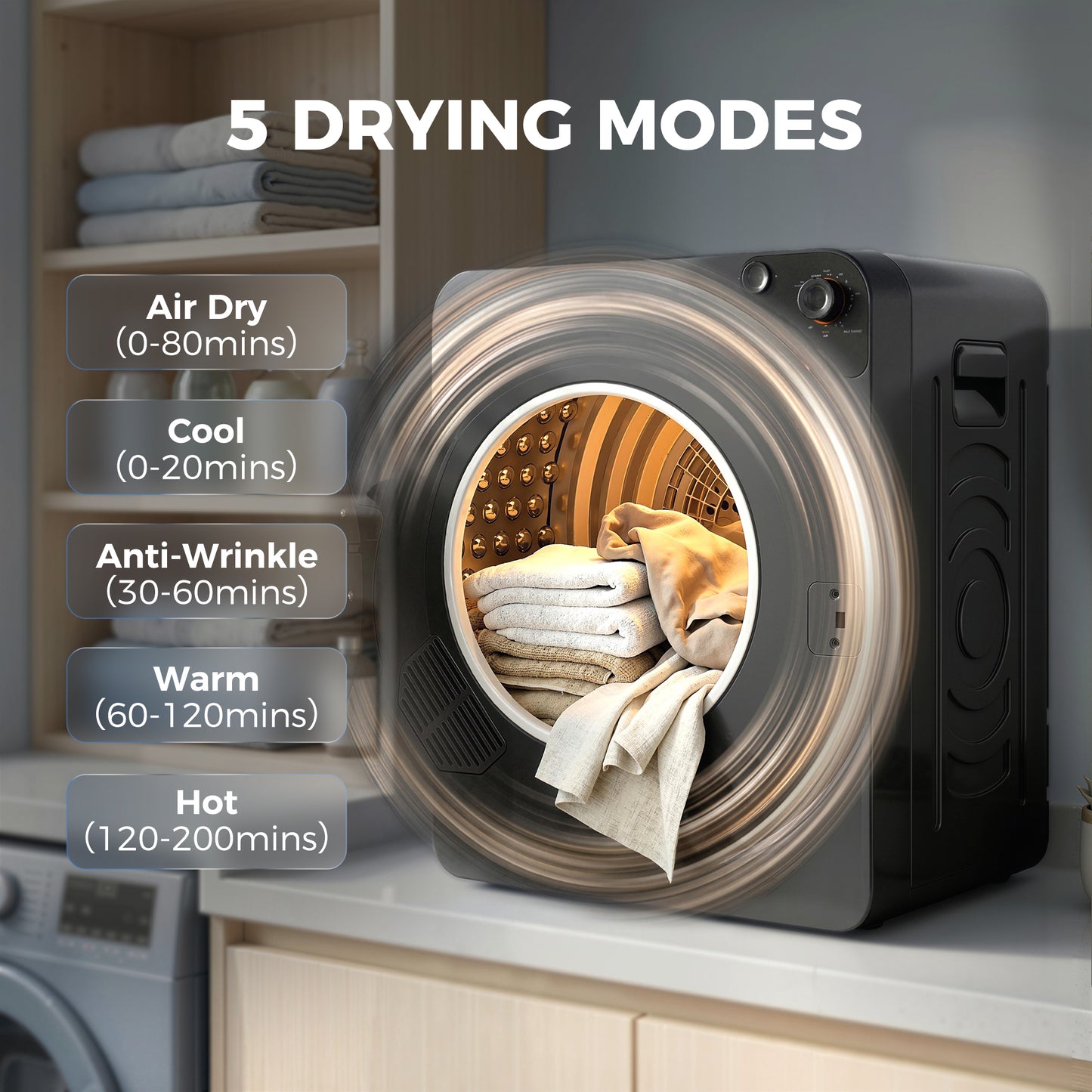 HOMCOM 5 Kg Vented Tumble Dryer 1000W Compact Stackable With 5 Drying Modes Stainless Steel Drum Black
