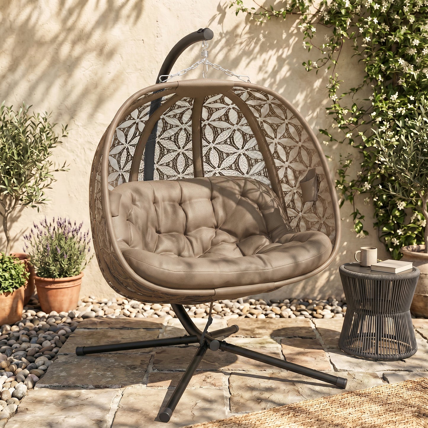 Outsunny Outdoor Double Hanging Chair With Cushion And Cup Holders Sand Brown Sturdy Steel Frame With Four Leg Base