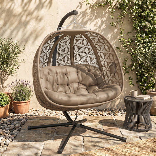 Outsunny Outdoor Double Hanging Chair With Cushion And Cup Holders Sand Brown Sturdy Steel Frame With Four Leg Base