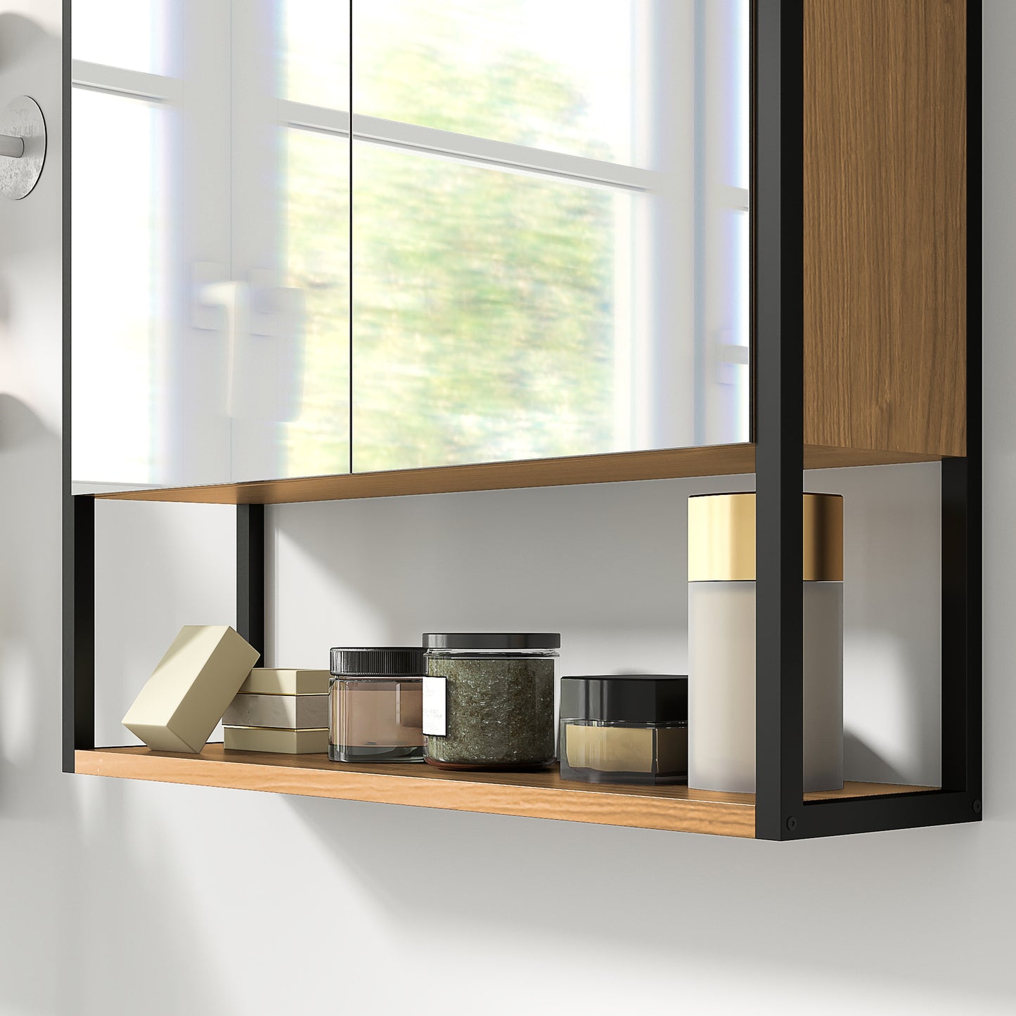 HOMCOM Bathroom Mirror Cabinet With Soft Close Doors And Adjustable Shelf In Natural Wood Finish For Modern Bathrooms