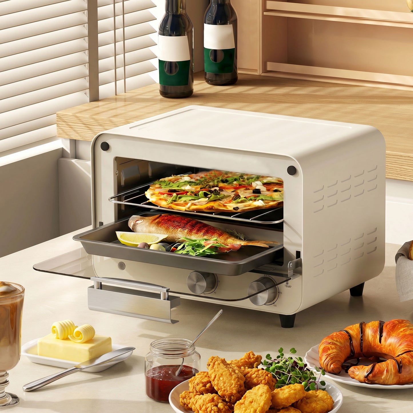 HOMCOM Mini Oven 12L Capacity Small Toaster Oven With Glass Door 750W Adjustable Temperature And Timer Cream White