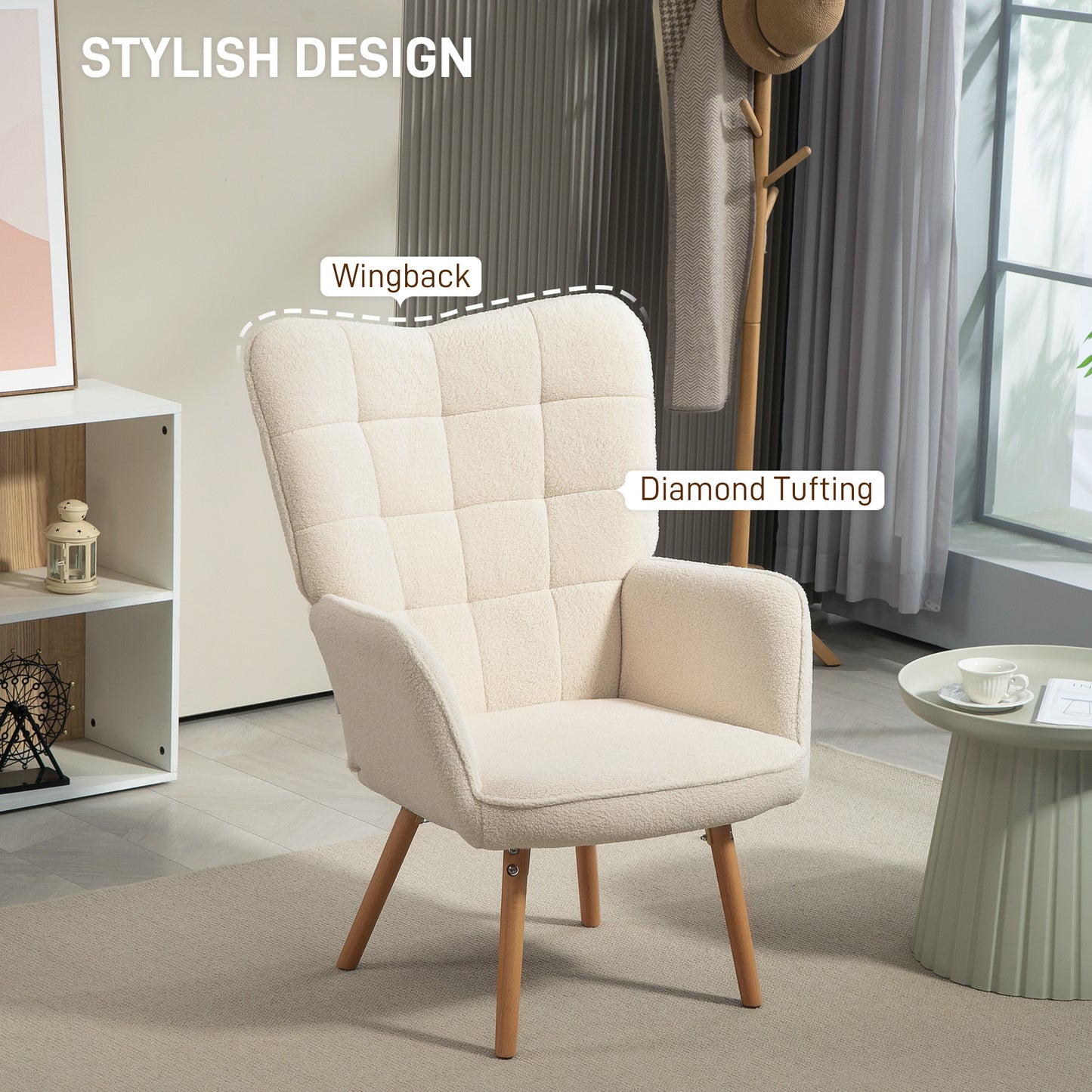 HOMCOM Modern Accent Chair Upholstered High Back Armchair Tufted Wingback Teddy Fleece Wood Legs Cream White