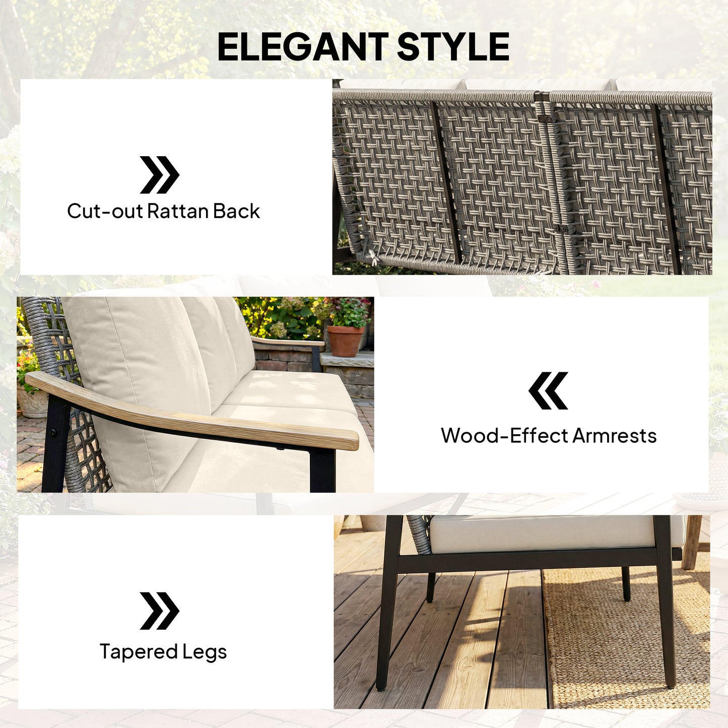 Outsunny 3 Seater Rattan Sofa Outdoor Garden Sofa With Wood Effect Armrests Cushions For Patio Balcony Khaki