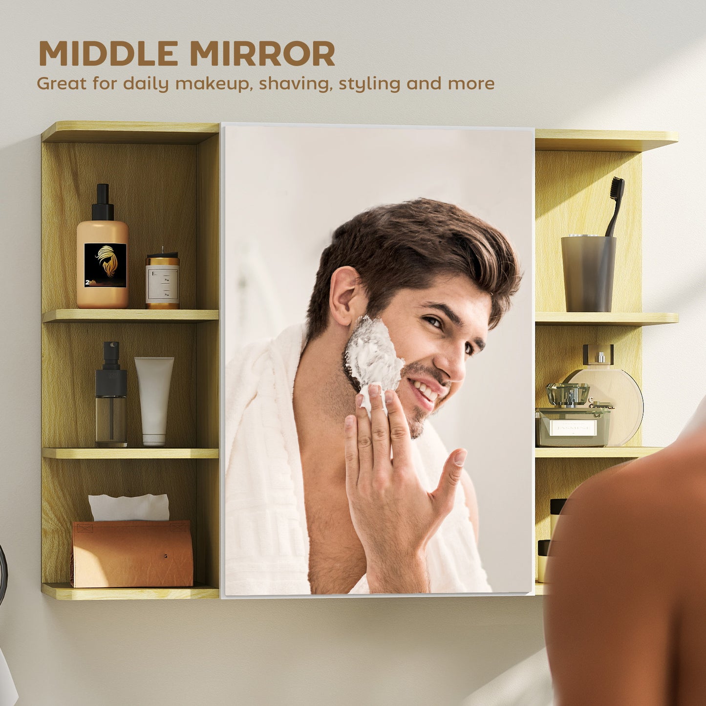 HOMCOM Bathroom Mirror Cabinet With Open Shelves And Hidden Storage In Natural Wood Finish