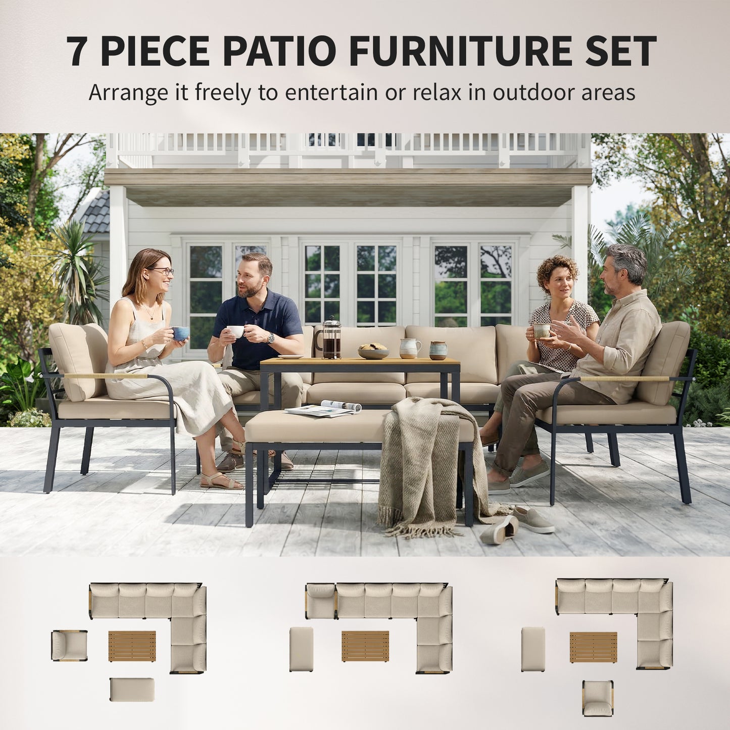 Outsunny 7 Seater Outdoor Garden Furniture Set With Cushions Rattan Style Conversation Set For Patio Khaki