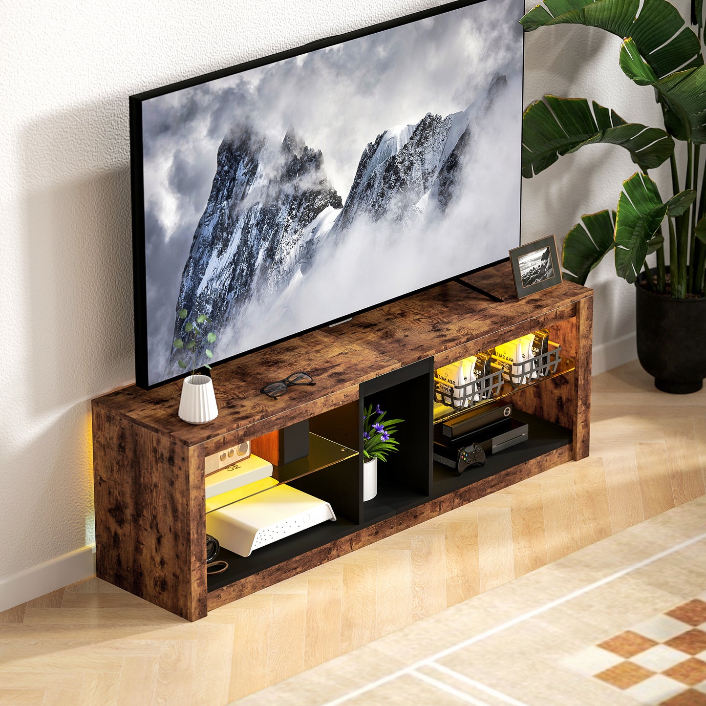HOMCOM TV Stand Cabinet With LED Lights And Remote For 65 Inch TVs Rustic Brown Entertainment Centre