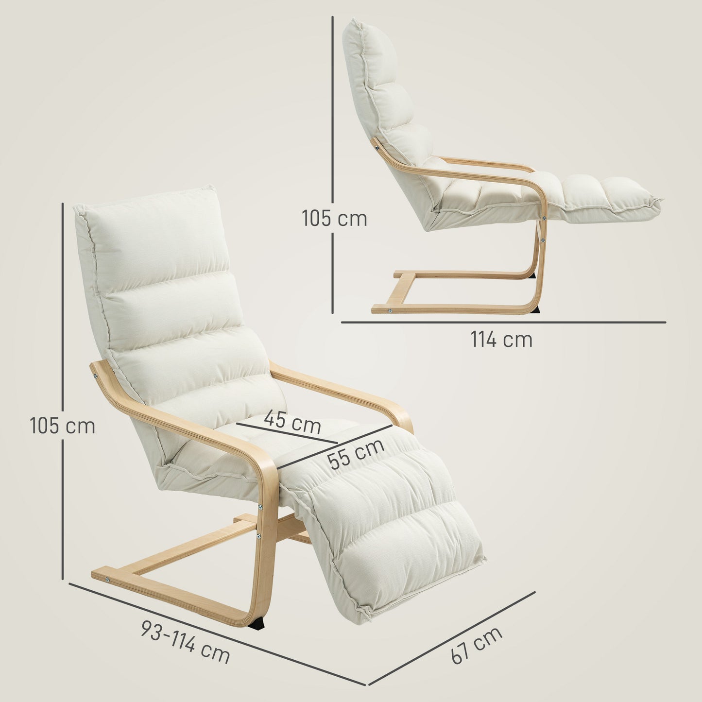 HOMCOM Curved Wooden Accent Chair with Adjustable Footrest Cream White Velvet Seat Birch Wood Frame Rocking